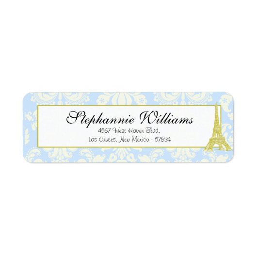 Bruiloft in Parijs Blauw Damask Retouradres Label (Voorkant)