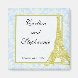 Bruiloft in Parijs Blauw Damast Magnet Favor
