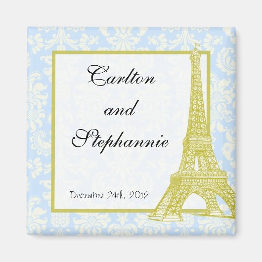 Bruiloft in Parijs Blauw Damast Magnet Favor (Voorkant)