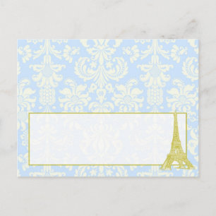 Bruiloft in Parijs Blauw Damast Schrijfbare Plaats Briefkaart