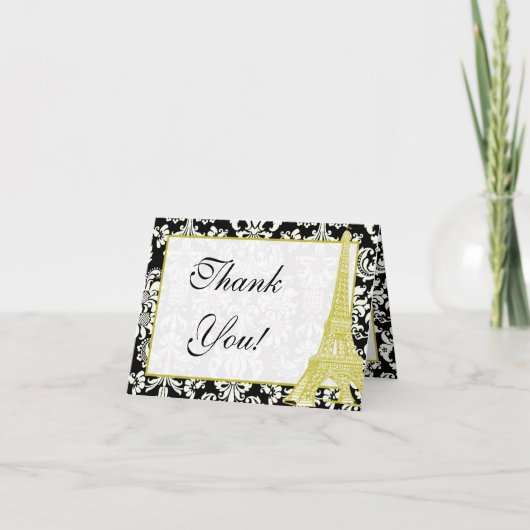 Bruiloft in Parijs Zwart Damask Dank u kaart (Voorkant)