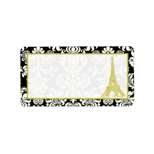 Bruiloft in Parijs Zwart Damask Mailingadres Etiket (Voorkant)