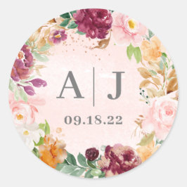 Bruiloft Initialen Blush Bourgondië Floral krans Ronde Sticker