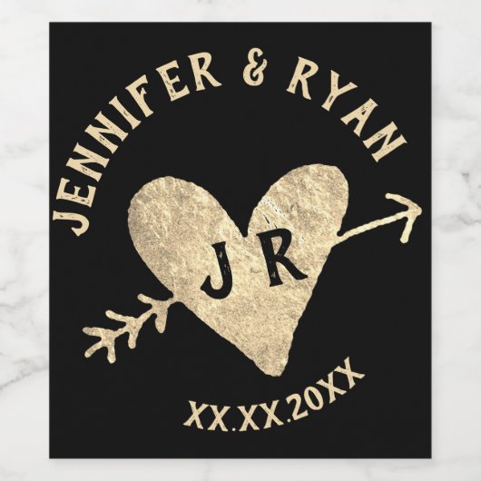 bruiloft initialen gouden hart wijn etiket (Enkel label)