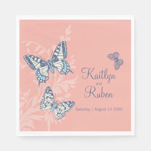 Bruiloft inkt kunst vlinders koraal en gedempt bla servet (Voorkant)