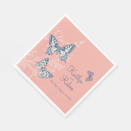 Bruiloft inkt kunst vlinders koraal en gedempt bla servet (Hoek)