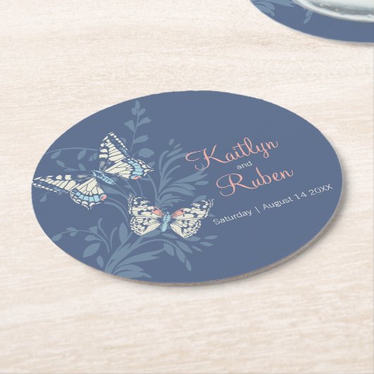 Bruiloft inkten kunst vlinders blauw koraal ronde kartonnen onderzetter (Gebogen)