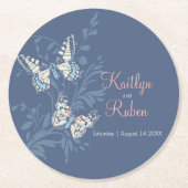 Bruiloft inkten kunst vlinders blauw koraal ronde kartonnen onderzetter (Voorkant)