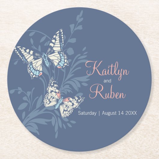 Bruiloft inkten kunst vlinders blauw koraal ronde kartonnen onderzetter (Voorkant)