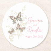 Bruiloft inkten kunst vlinders roze papier onderze ronde kartonnen onderzetter (Voorkant)