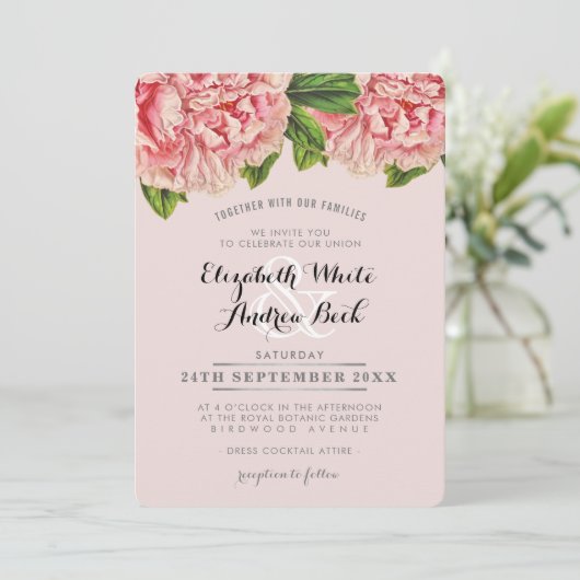 BRUILOFT INVITE chique blush roze bloemenpioen blo Kaart (Staand voorkant)