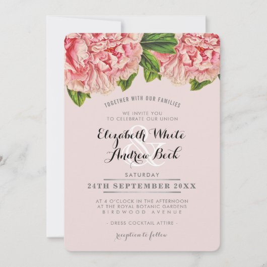 BRUILOFT INVITE chique blush roze bloemenpioen blo Kaart (Voorkant)