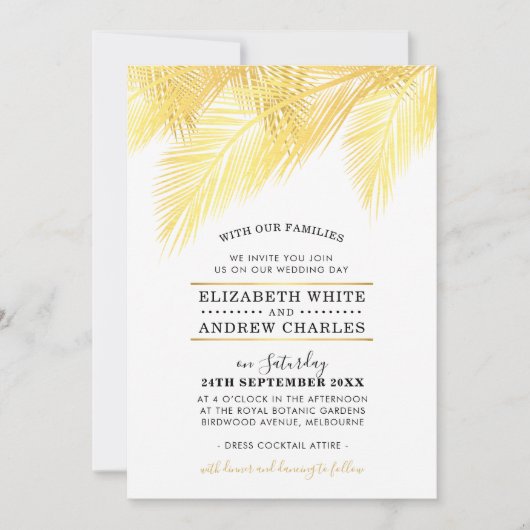 BRUILOFT INVITE chique moderne gouden palmschijfje Kaart (Voorkant)