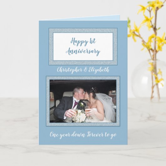 Bruiloft Jubileum blauw en wit foto Kaart (Gele Bloem)