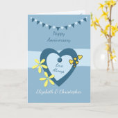 Bruiloft Jubileum blauw met bunting en harten Kaart (Gele Bloem)