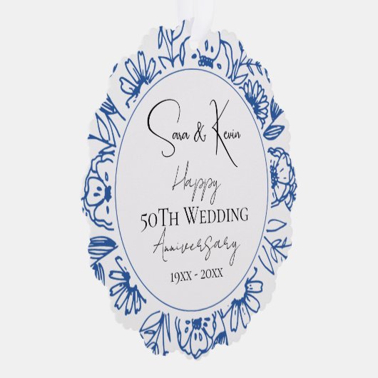 Bruiloft Jubileum Bleu Florals Ornament Kaart (Rechts)