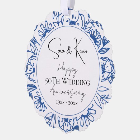 Bruiloft Jubileum Bleu Florals Ornament Kaart (Links)