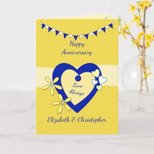 Bruiloft Jubileum geel met bunting en harten Kaart (Gele Bloem)