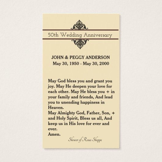 Bruiloft Jubileum Herdenking Heilige Kaart & Gebed (Achterkant)