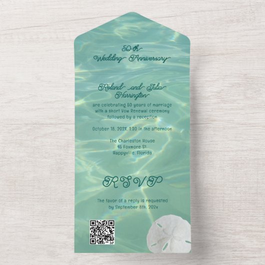 Bruiloft Jubileum Partij Zanddollar QR-code All In One Uitnodiging (Binnen)