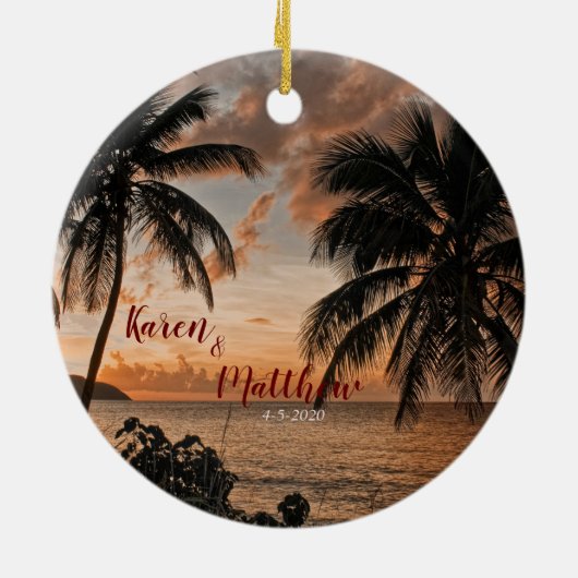 Bruiloft Jubileum Tropical Sunset Beach Custom Keramisch Ornament (Achterkant)