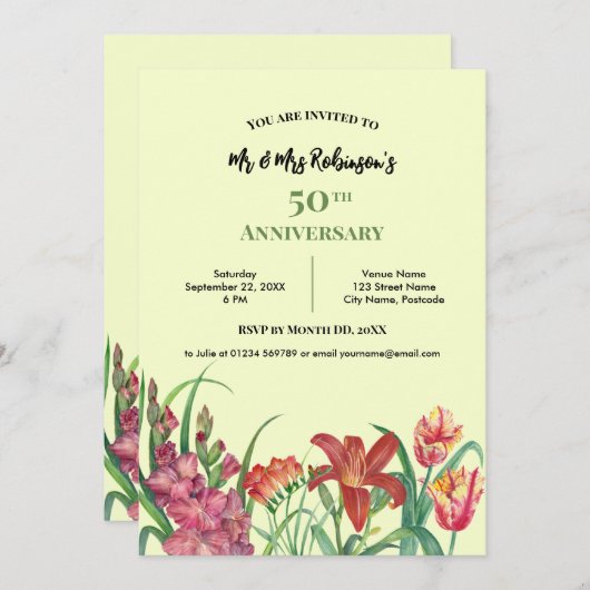 Bruiloft Jubileum Waterverf Gladioli Lily Tulip Kaart (Voorkant / Achterkant)