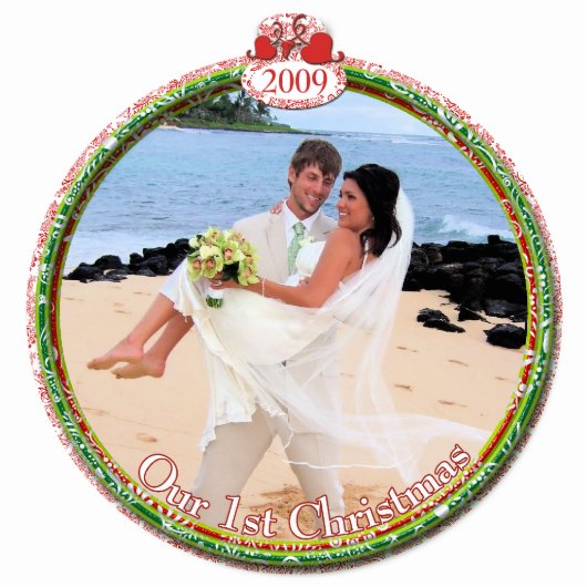 Bruiloft Kerst Ornament Onze 1e Kerstmis Fotobeeldje Ornament (Voorkant)
