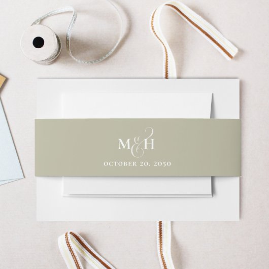 Bruiloft Klassieke Eenvoudige Sage Groene Monogram Uitnodigingen Wikkel