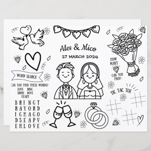 Bruiloft Kleurplaat Placemat Kleurplaat voor Kinde (Voorkant / Achterkant)