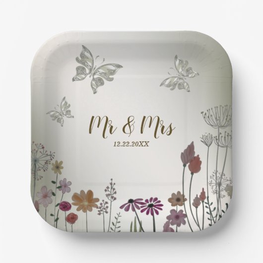 Bruiloft Kleurrijke Tuin Bloemen Vlinders Papieren Bordje (Voorkant)