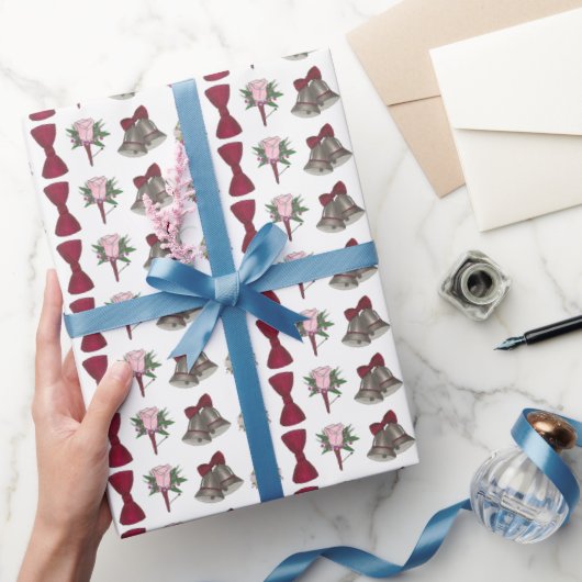 Bruiloft klokken bruid bruidegom rose boeket bowti cadeaupapier (Geschenken)