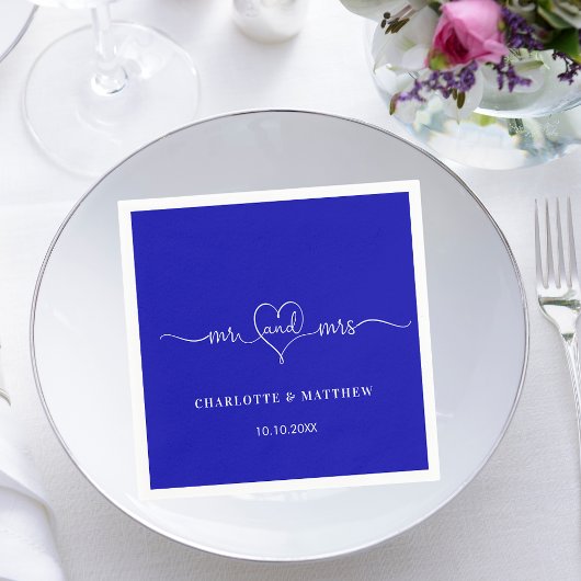Bruiloft koninklijk blauw mr mevrouw hart script e servet