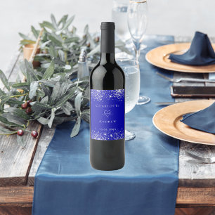 Bruiloft koninklijk blauw zilver glitter bruid bru wijn etiket