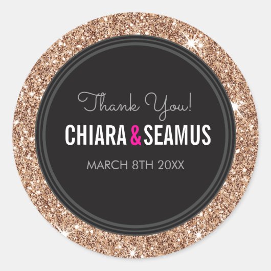 BRUILOFT KOPPEL SEAL modern roos gouden glitter zw Ronde Sticker (Voorkant)