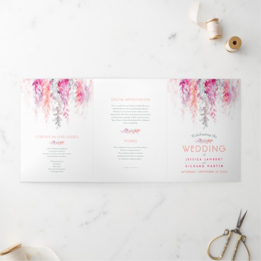 Bruiloft koraal rood sinaasappel groene bloemkunst drieluik programma (Buitenkant)