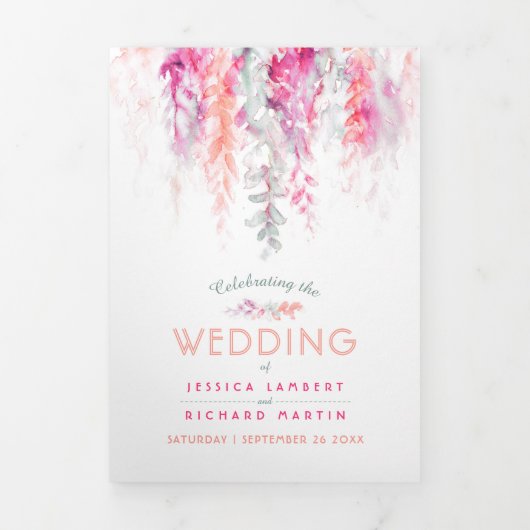 Bruiloft koraal rood sinaasappel groene bloemkunst drieluik programma (Cover)