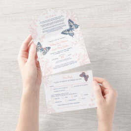 Bruiloft koraal vlinders details & maaltijd RSVP All In One Uitnodiging