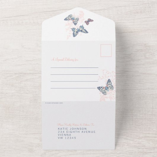 Bruiloft koraal vlinders wervelt maaltijd RSVP All In One Uitnodiging (Buitenkant)