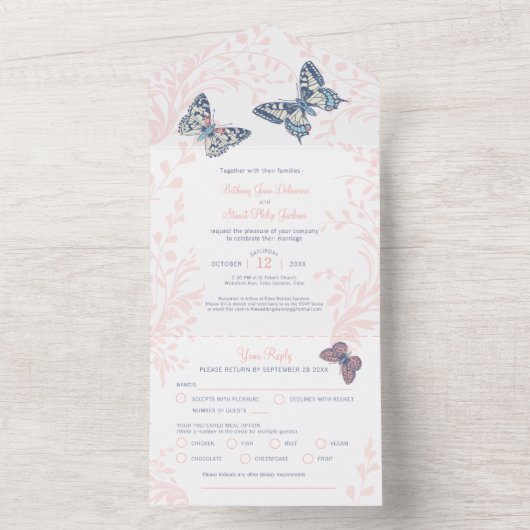 Bruiloft koraal vlinders wervelt maaltijd RSVP All In One Uitnodiging (Binnen)