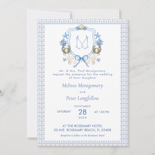 Bruiloft krab kam kalligrafie monogram kaart (Voorkant)