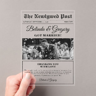 Bruiloft krant leuk zwart wit foto dank u acryl uitnodigingen