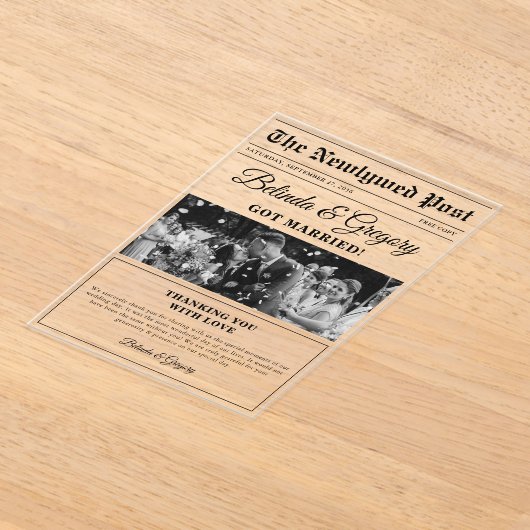 Bruiloft krant leuk zwart wit foto dank u acryl uitnodigingen (Laagn)