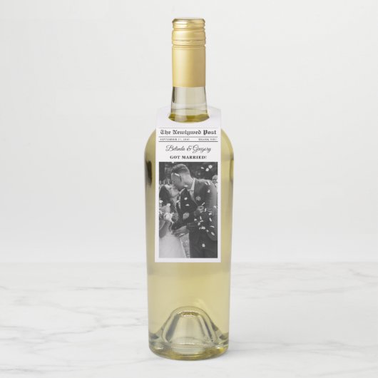 Bruiloft krant leuk zwart wit foto dank u flessenhanger (Op fles)