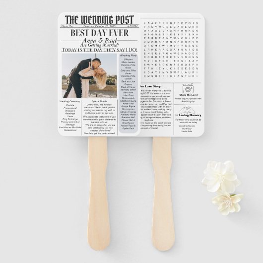 Bruiloft krant post programma fan handwaaier (Voorkant en achterkant)