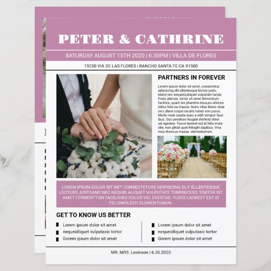 Bruiloft krantenprogramma Sjabloon (Voorkant / Achterkant)