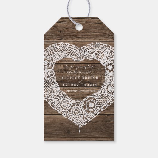 Bruiloft land rustieke houten kant hart bruin wit cadeaulabel (Voorkant)