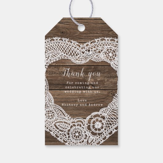 Bruiloft land rustieke houten kant hart bruin wit cadeaulabel (Achterkant)