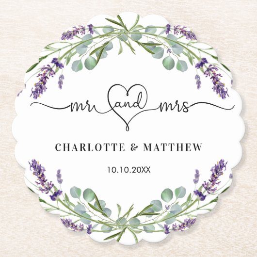 Bruiloft lavendel eucalyptus mr mevrouw hart namen kartonnen onderzetters (Voorkant)