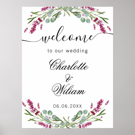 Bruiloft lavendel roze eucalyptus groen welkom poster (Voorkant)