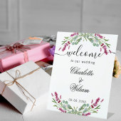 Bruiloft lavendel roze eucalyptus groen welkom reclamebord met voetstuk